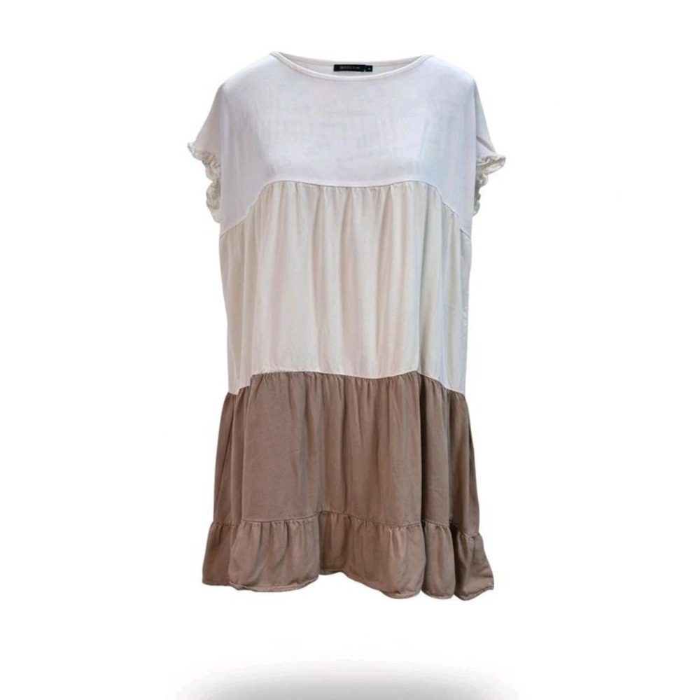 SHEIN Tiered Boho Tunic Top - Neutral Colorblock Ruffle Sleeve Smock‎ Dress - XL